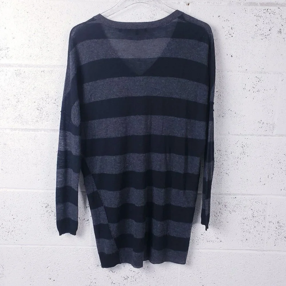 Vince Womens Striped V-Neck Cashmere Sweater Black Gray Size Small‎ Long Length